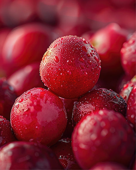 Close-up of red cranberries with water droplets on a blurred background