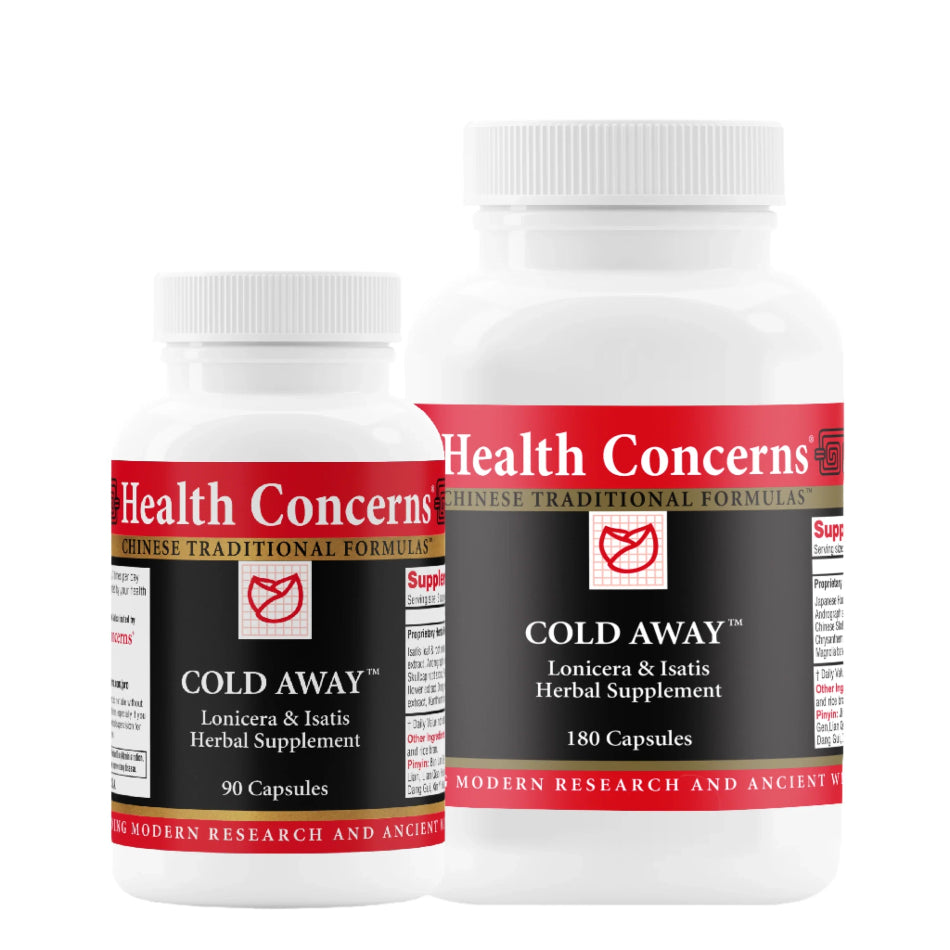 Two bottles of Health Concerns Cold Away herbal supplement on a white background