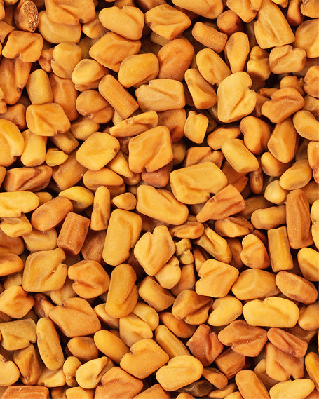 Close-up of yellow, small fenugreek seeds.